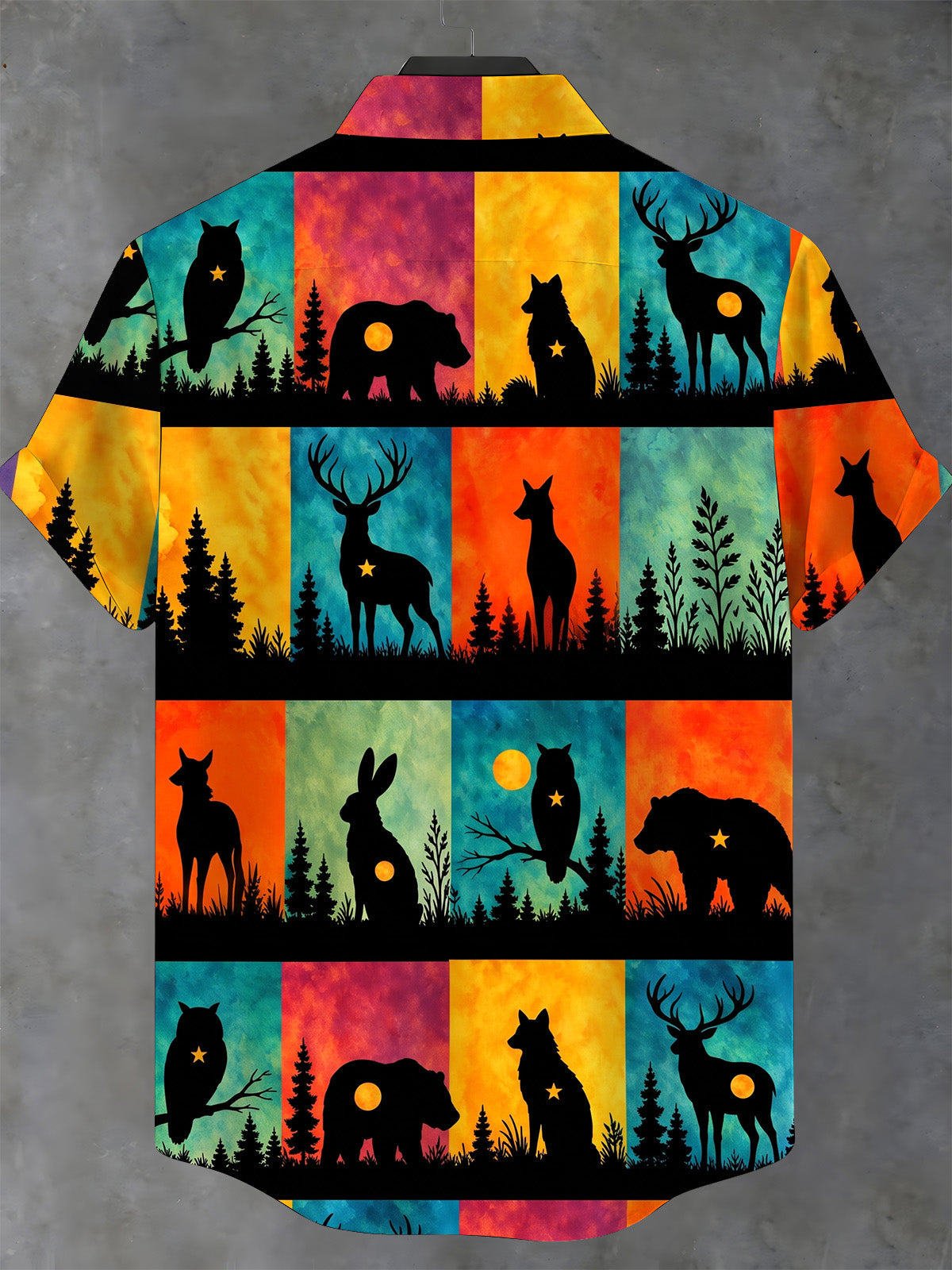 Oceanlyte Men's Forest Animals Silhouettes Print Short Sleeve Stand Collar Shirt with Chest Pocket
