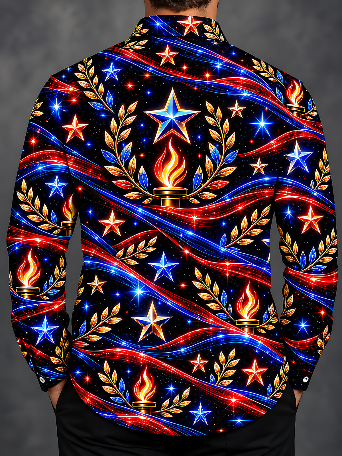 The "Eternal Flame of Valor" Oceanlyte Men's Long Sleeve Shirt - Veterans Day Patriotic Stars And Torches With Laurel Wreaths Print with Chest Pocket
