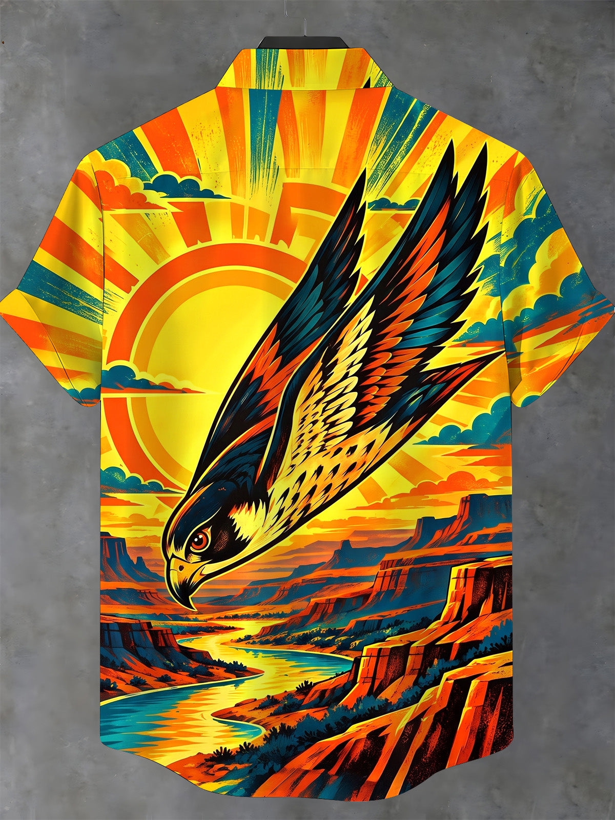 Oceanlyte Men's Short Sleeve Stand Collar Shirt - Eagle Flying Over Canyon Landscape Print with Chest Pocket