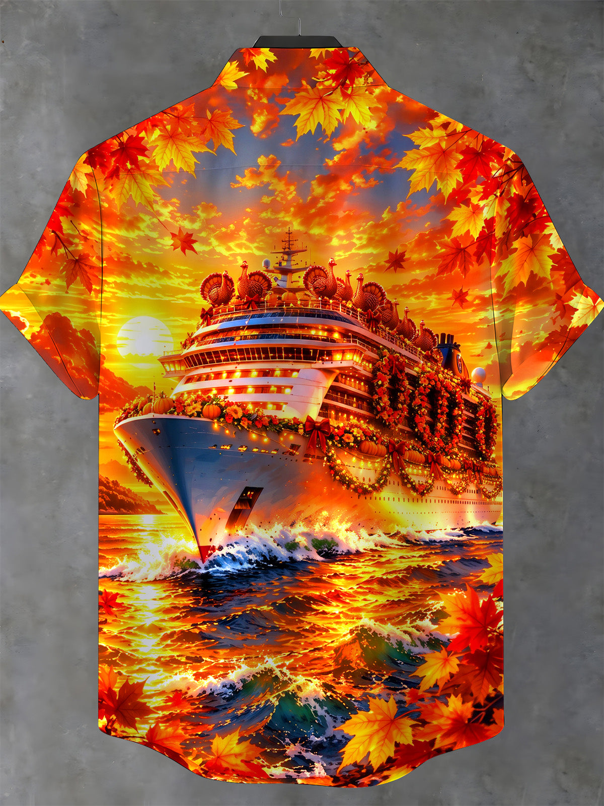 Oceanlyte Men's Short Sleeve Stand Collar Shirt - Thanksgiving Cruise Ship With Turkeys And Autumn Leaves Print with Chest Pocket