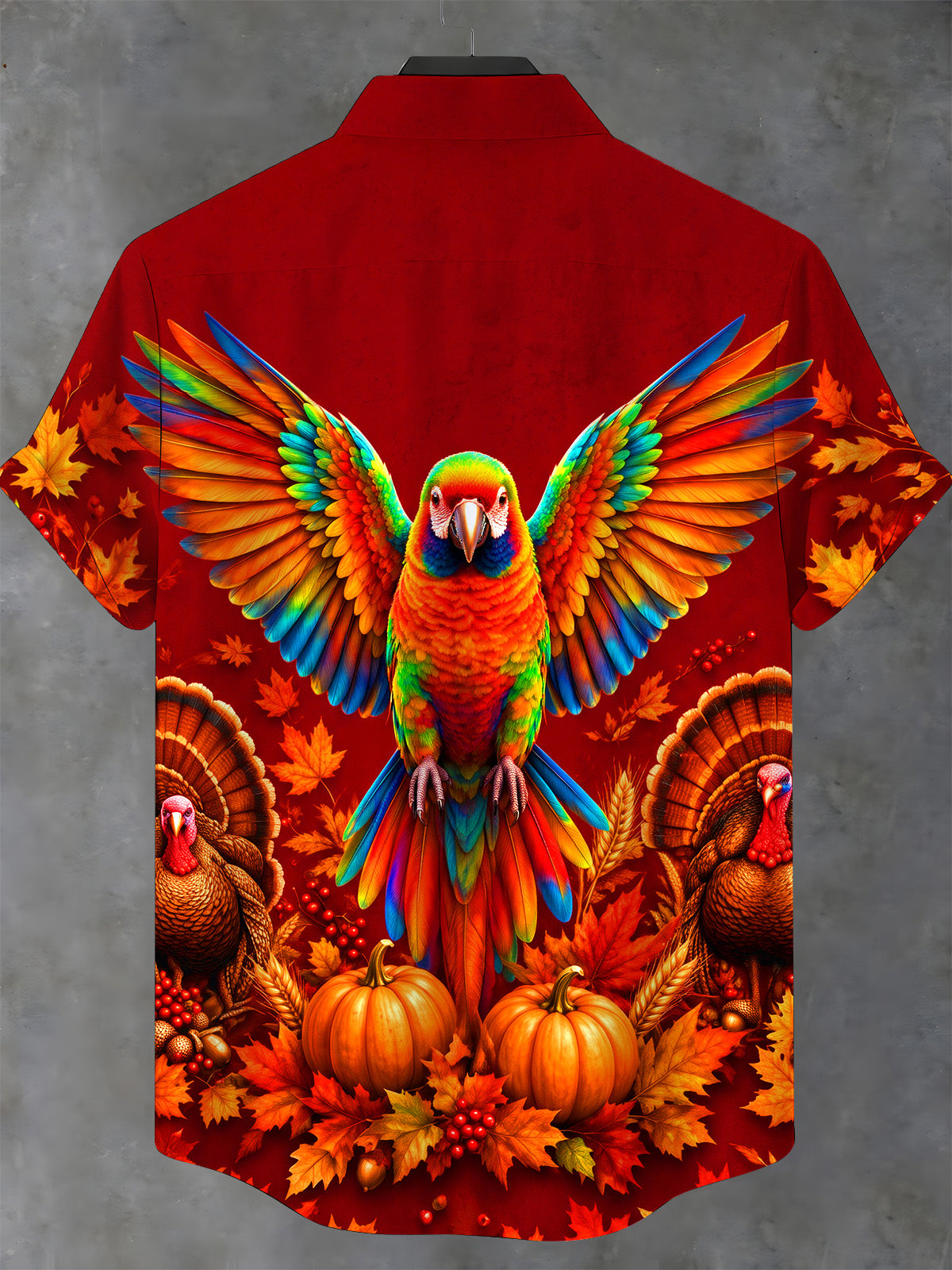 Oceanlyte Men's Short Sleeve Stand Collar Shirt - Thanksgiving Colorful Parrot And Turkeys With Autumn Leaves Print with Chest Pocket