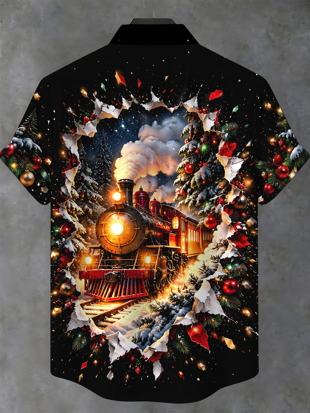 Oceanlyte Men's Christmas Steam Train And Snowy Forest Print Short Sleeve Shirt with Chest Pocket