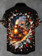 Oceanlyte Men's Christmas Steam Train And Snowy Forest Print Short Sleeve Shirt with Chest Pocket