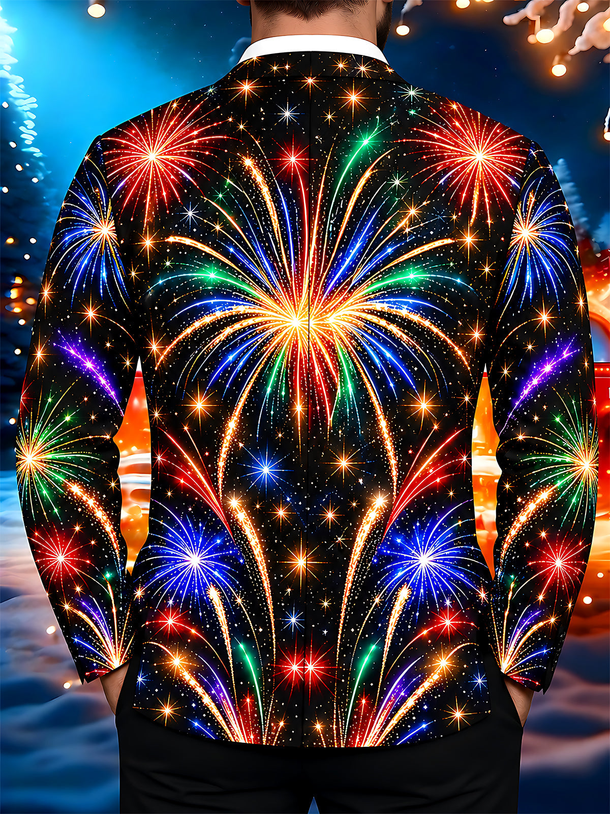 Oceanlyte Men's Printed Colorful Fireworks Print Long Sleeve Shirt with Chest Pocket