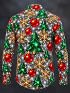Oceanlyte Men's Printed Christmas Trees And Ornaments Print Long Sleeve Shirt with Chest Pocket