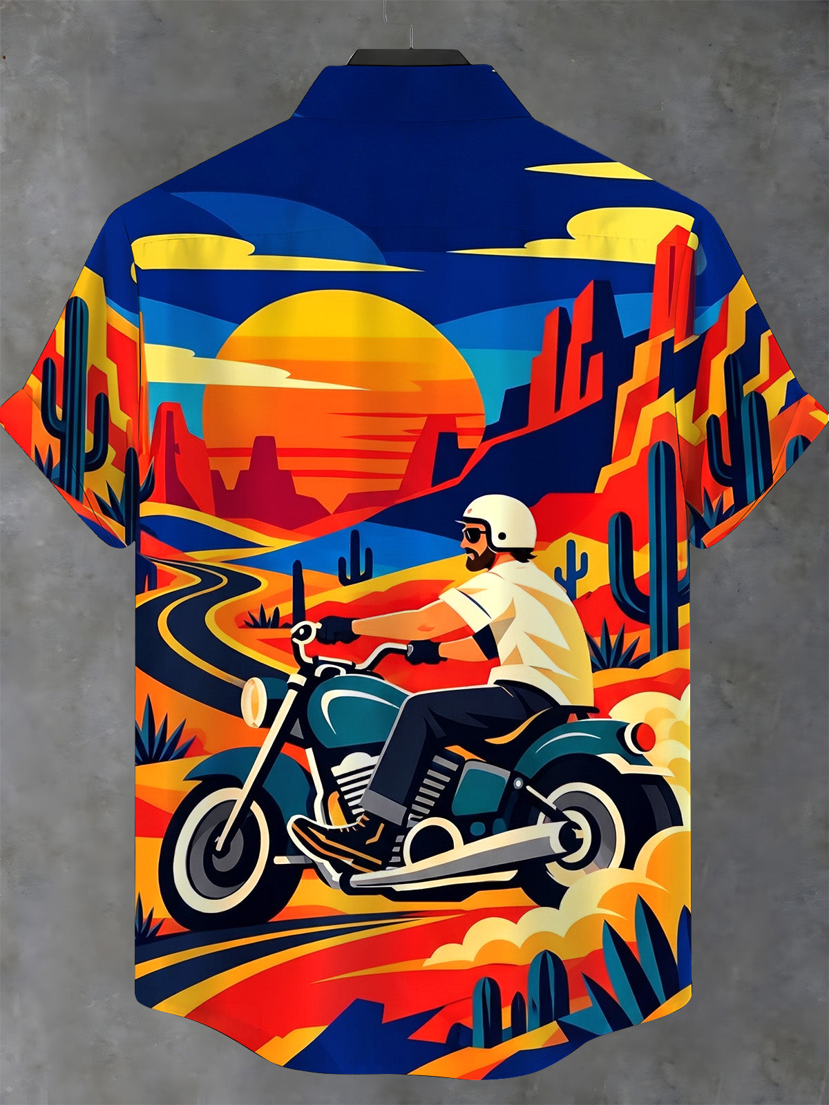 Oceanlyte Men's Short Sleeve Stand Collar Shirt - Motorcycle Rider In Desert Landscape Print with Chest Pocket