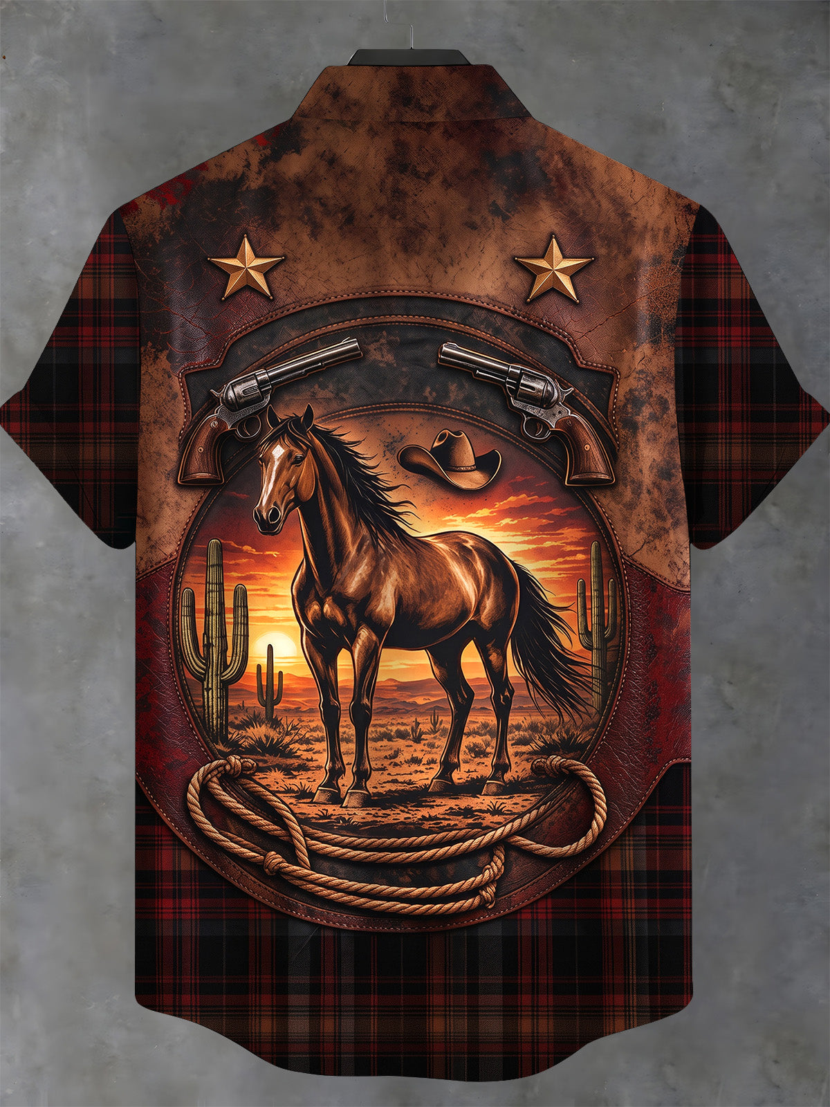 Oceanlyte Men's Short Sleeve Stand Collar Shirt - Western Horse And Desert Sunset Print with Chest Pocket