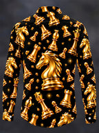 Oceanlyte Men's Patterned Gold Chess Pieces Print Long Sleeve Shirt with Chest Pocket