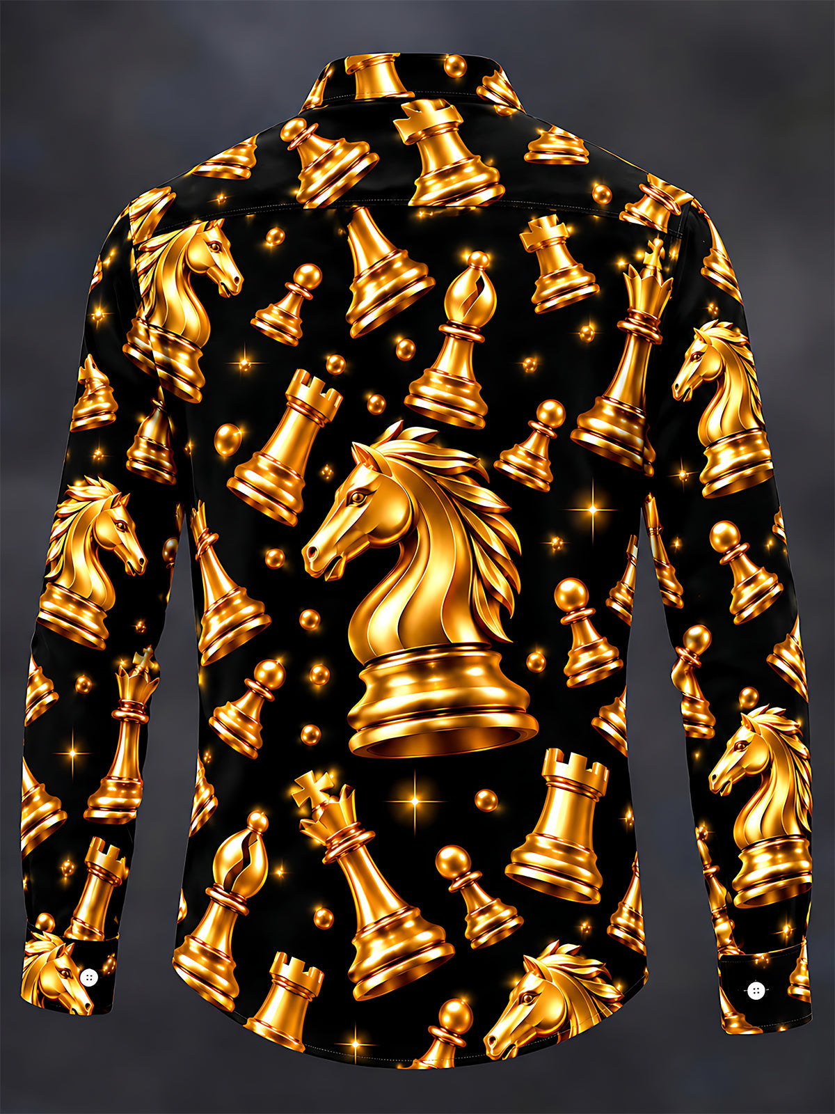 Oceanlyte Men's Patterned Gold Chess Pieces Print Long Sleeve Shirt with Chest Pocket