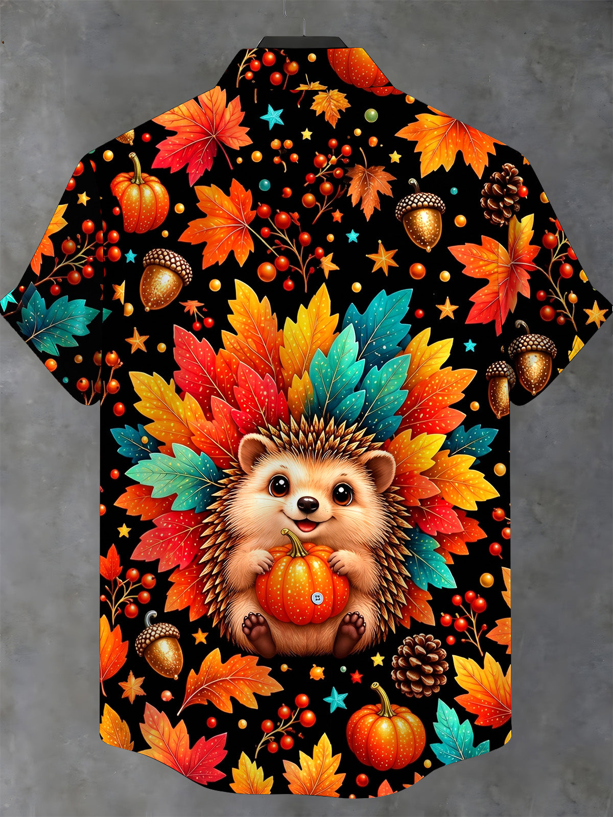 Oceanlyte Men's Short Sleeve Stand Collar Shirt - Hedgehog Holding A Pumpkin With Autumn Leaves Print with Chest Pocket