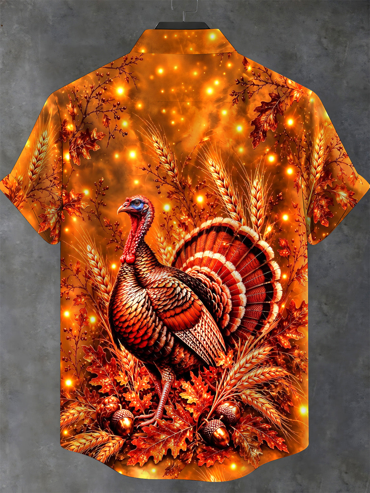 Oceanlyte Men's Short Sleeve Stand Collar Shirt - Thanksgiving Turkey With Wheat And Acorns Print with Chest Pocket