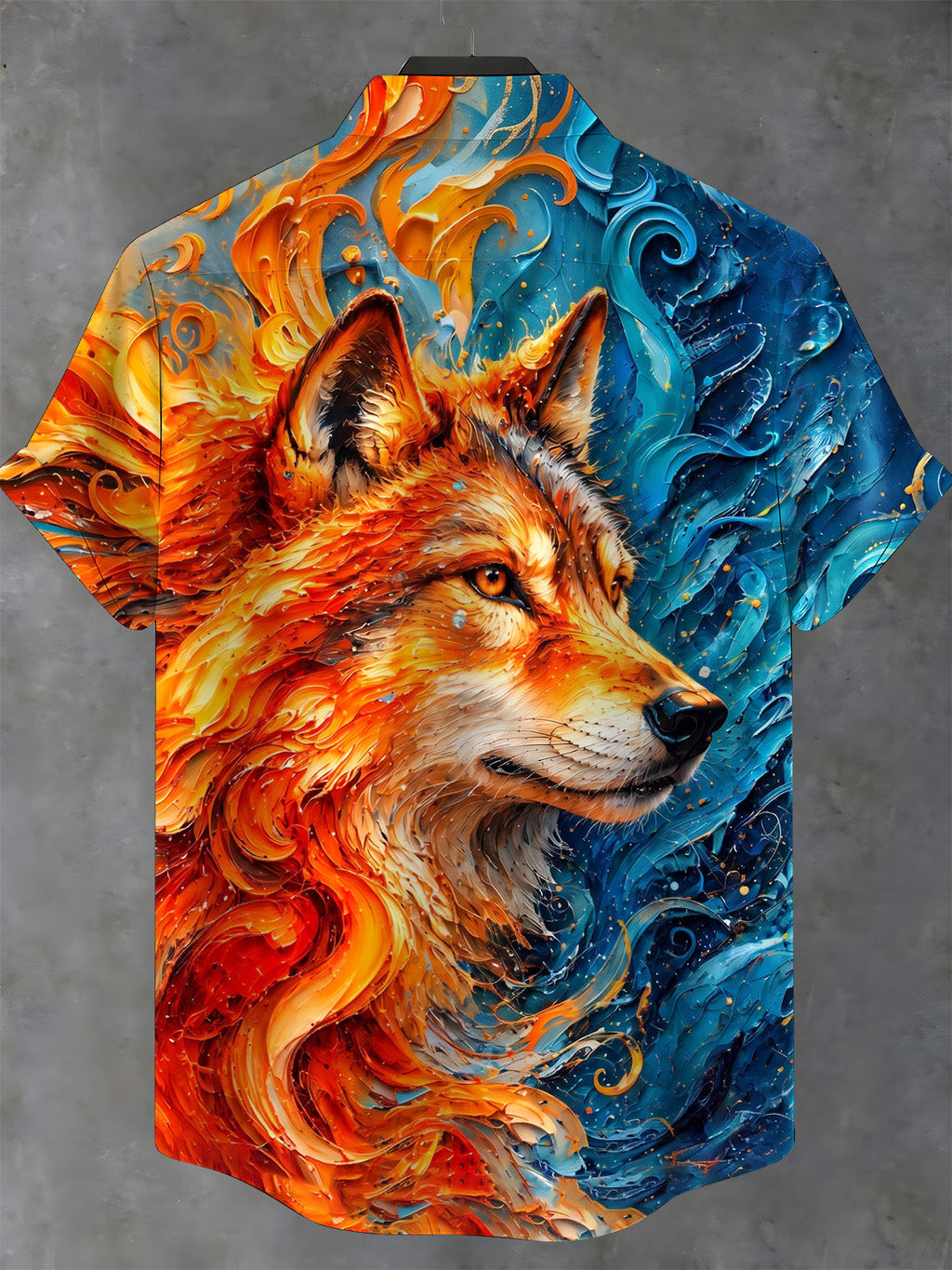 Oceanlyte Men's Wolf Head With Fire And Water Swirls Print Short Sleeve Shirt with Chest Pocket