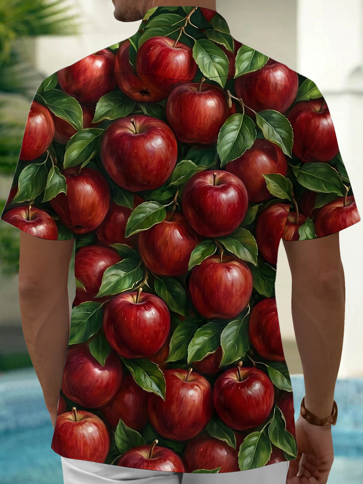 Oceanlyte Men's Hawaiian Red Apples And Green Leaves Print Short Sleeve Shirt with Chest Pocket
