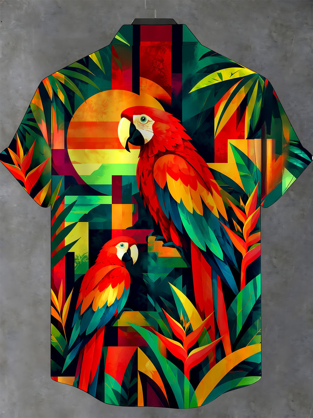 Oceanlyte Men's Hawaiian Parrots And Sunset Print Short Sleeve Shirt with Chest Pocket