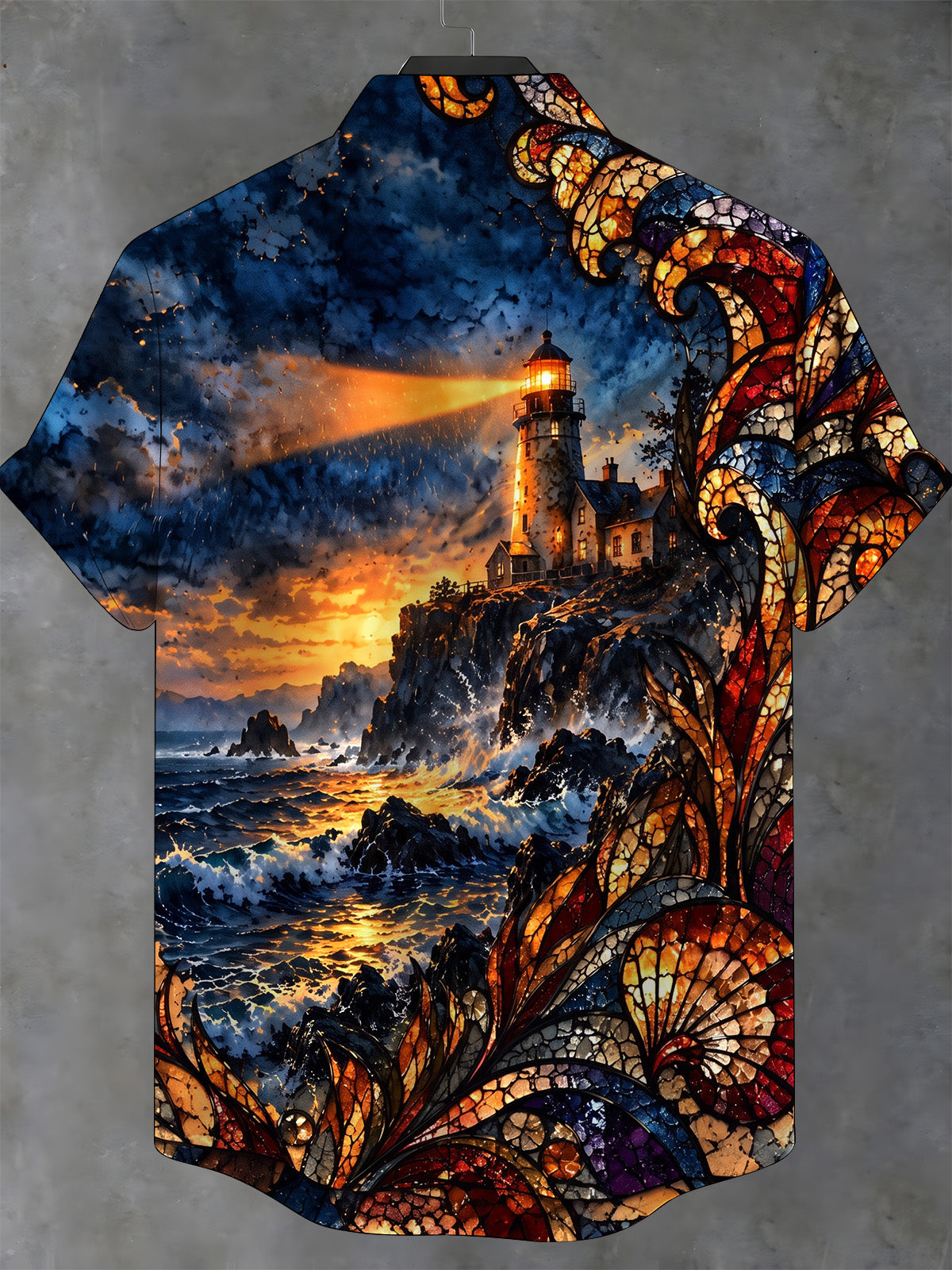 Oceanlyte Men's Hawaiian Lighthouse And Ocean Sunset Print Short Sleeve Shirt with Chest Pocket