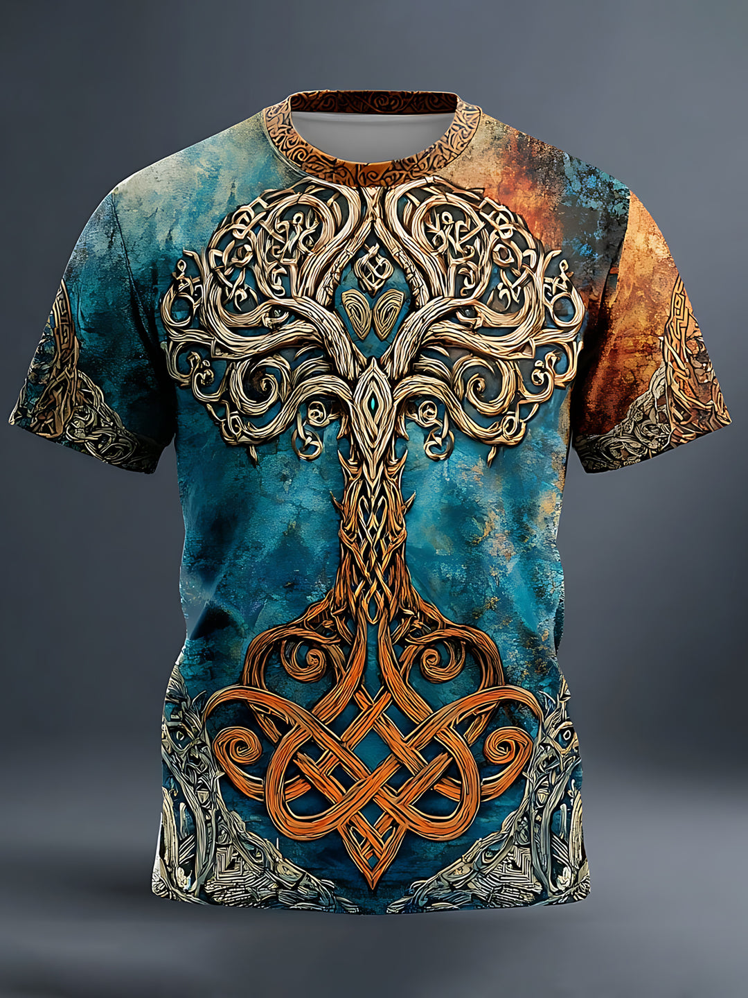 Viking Tree Of Life Print Round Neck Short Sleeve Men's T-shirt
