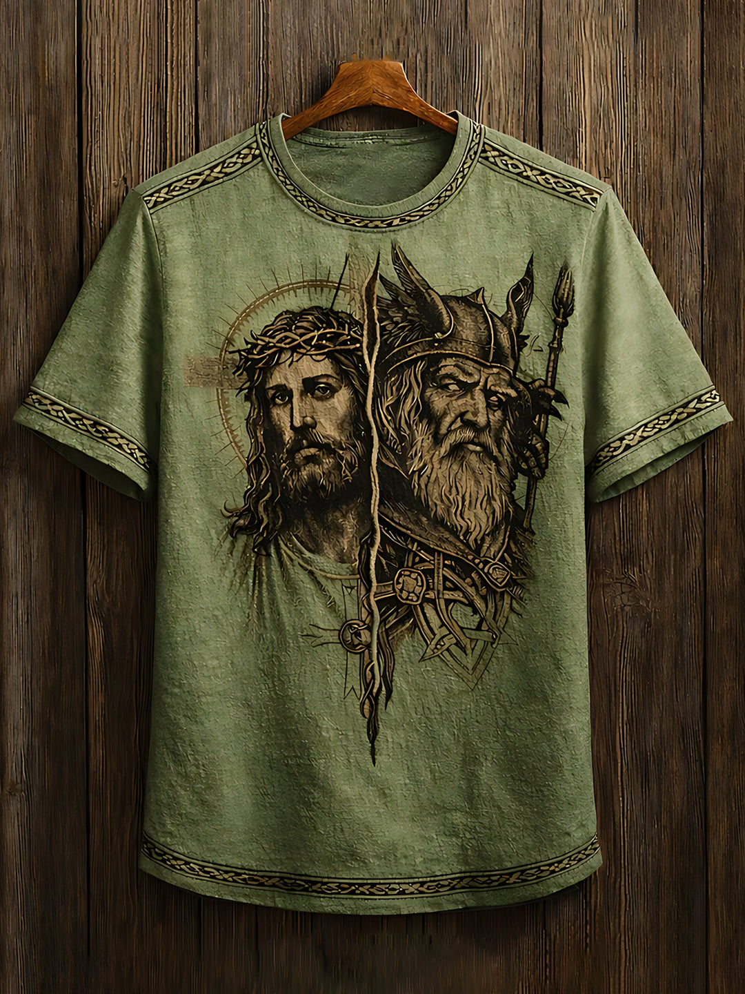 Viking Jesus Print Round Neck Short Sleeve Men's T-shirt