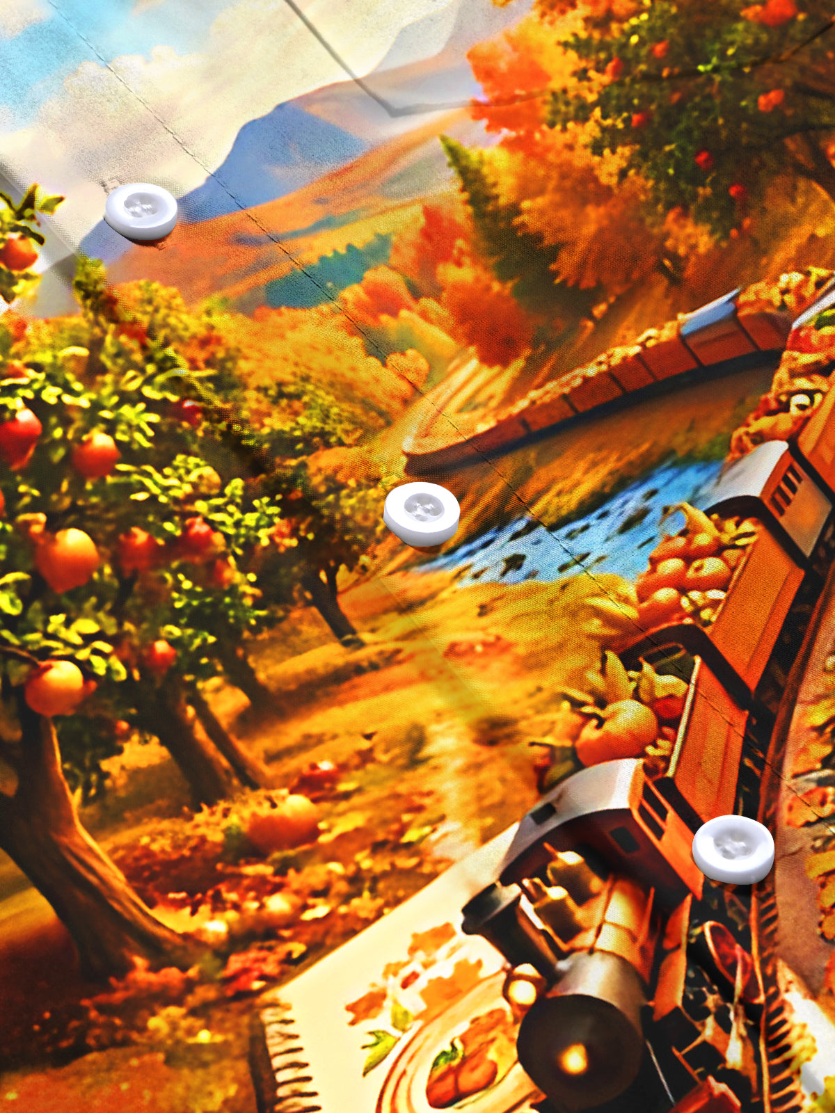 Oceanlyte Men's Long Sleeve Shirt - Autumn Landscape With Steam Train And Pumpkins Print with Chest Pocket