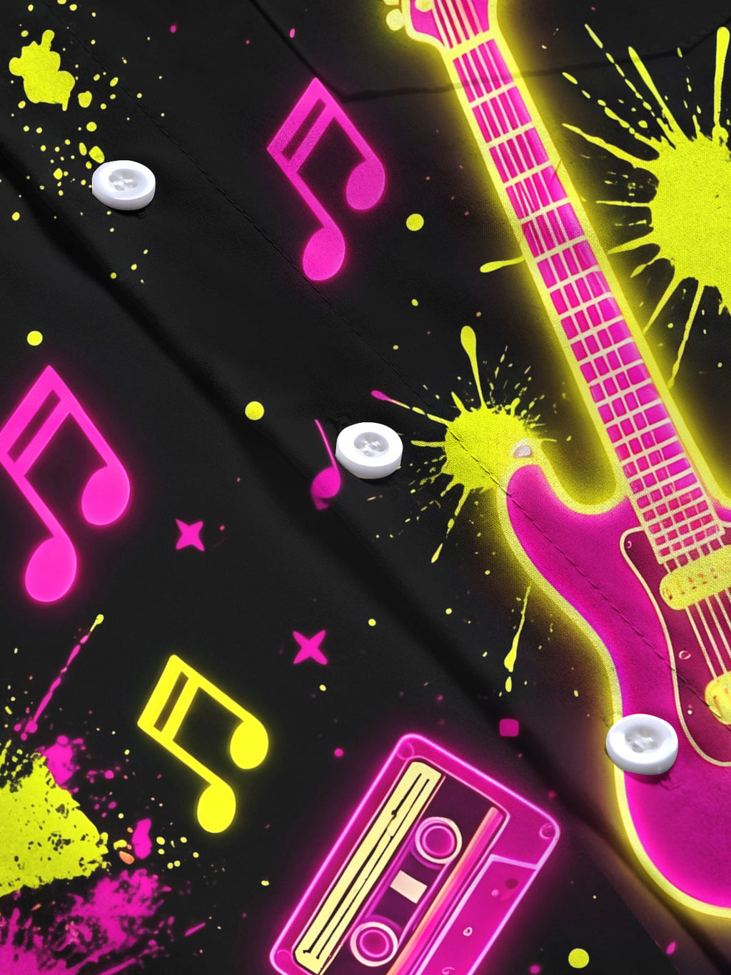Oceanlyte Men's Neon Electric Guitar And Music Notes Print Long Sleeve Shirt with Chest Pocket