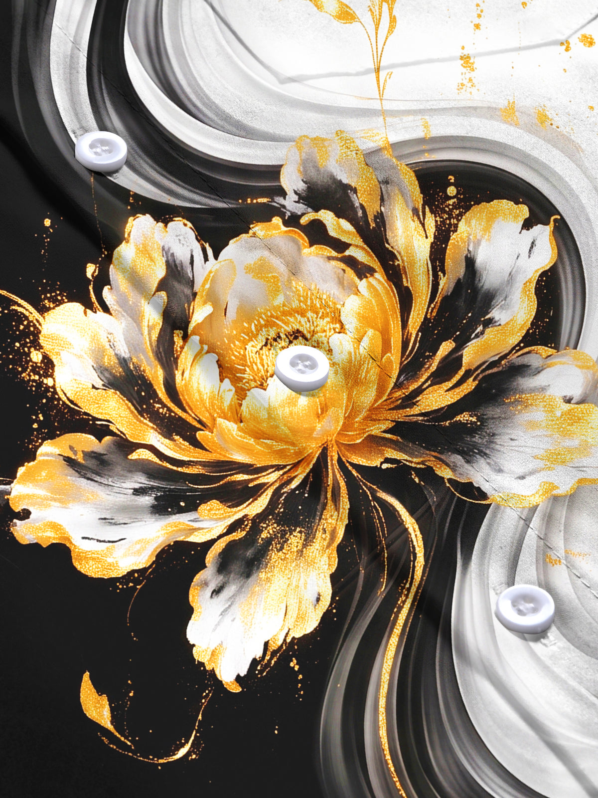 Oceanlyte Men's Long Sleeve Shirt - Gold Peony Floral With Black And White Swirls Print with Chest Pocket