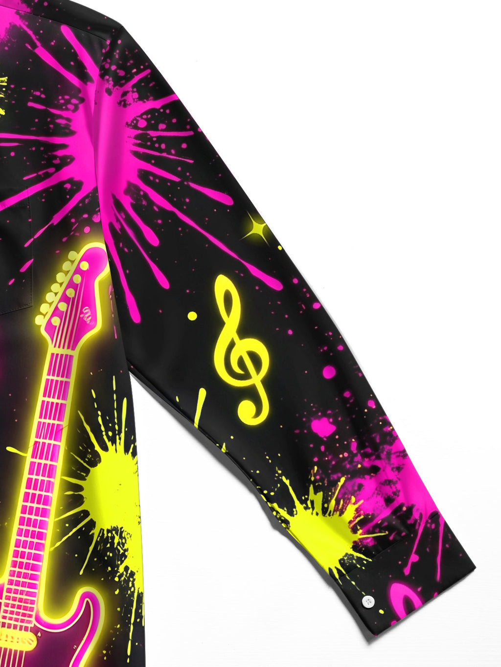 Oceanlyte Men's Neon Electric Guitar And Music Notes Print Long Sleeve Shirt with Chest Pocket
