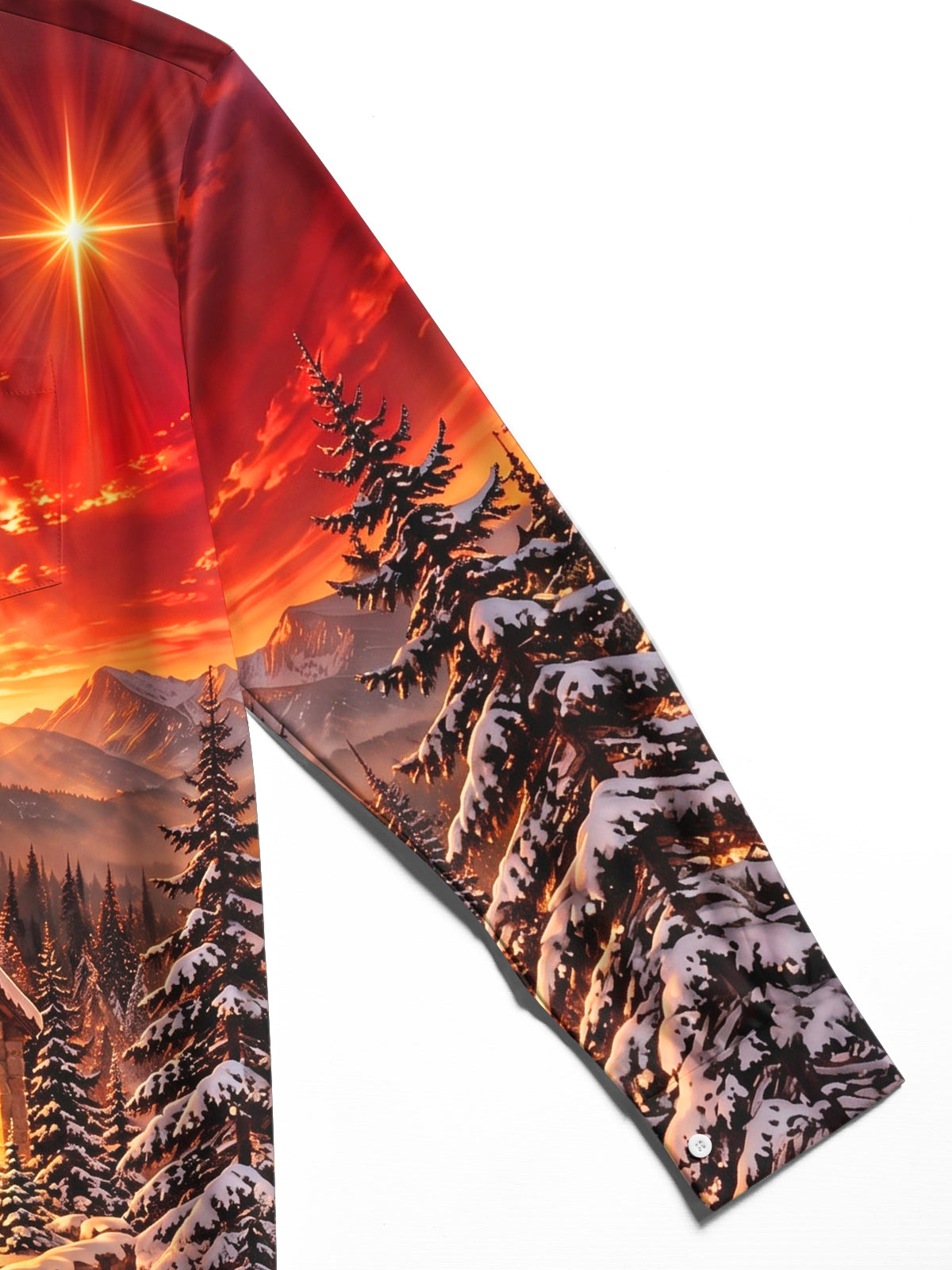 Oceanlyte Men's Long Sleeve Shirt - Winter Church Landscape With Snow And Mountains Print with Chest Pocket