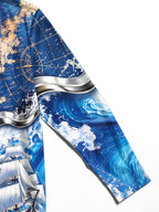 Oceanlyte Men's Vintage Nautical Map And Compass Print Long Sleeve Shirt with Chest Pocket
