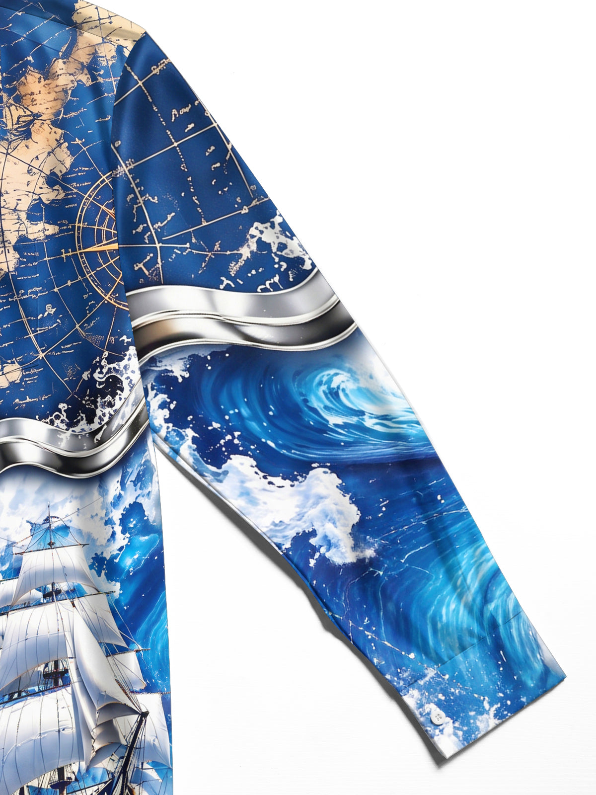 Oceanlyte Men's Vintage Nautical Map And Compass Print Long Sleeve Shirt with Chest Pocket