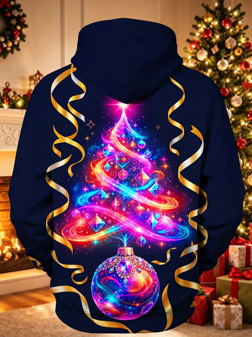 Oceanlyte Men's Graphic Neon Christmas Tree Bauble Print Long Sleeve Hoodie