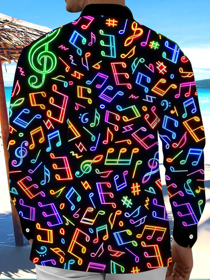 Oceanlyte Men's Graphic Neon Musical Notes Print Long Sleeve Shirt with Chest Pocket