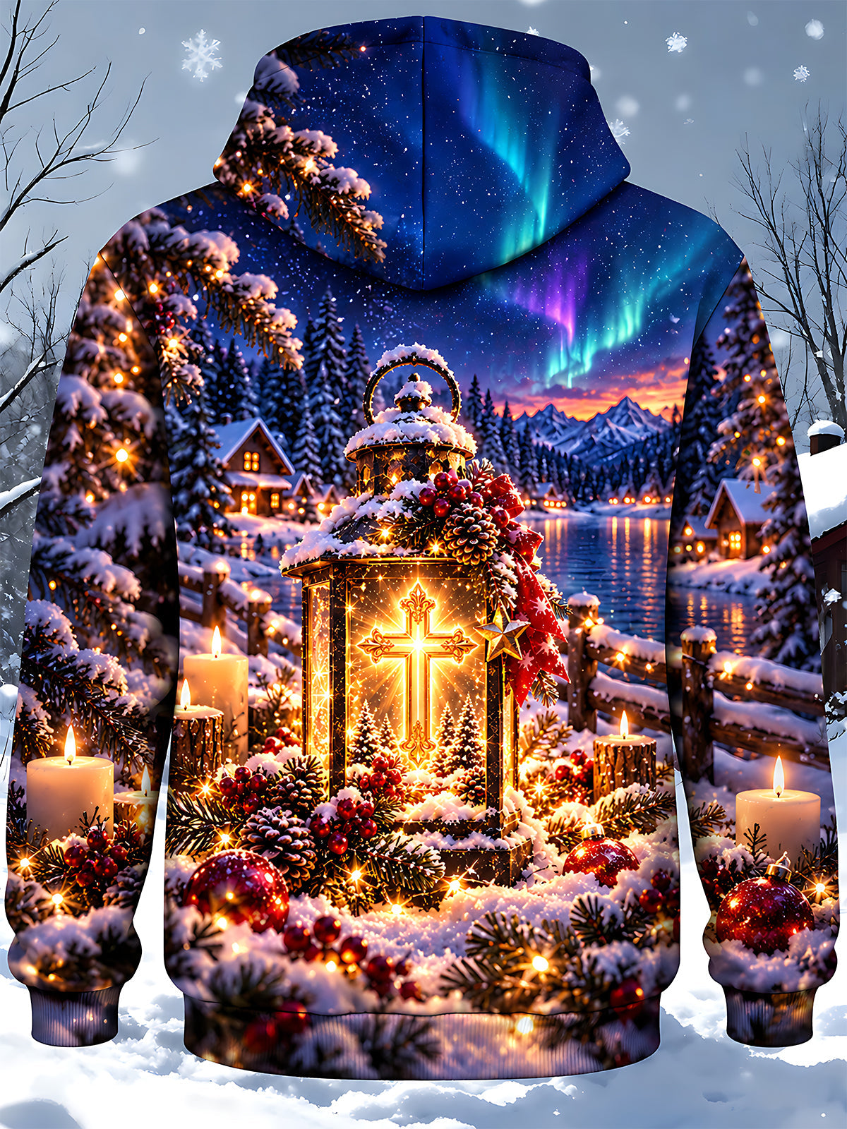 Oceanlyte Men's Printed Christmas Lantern Print Long Sleeve Hoodie with Chest Pocket