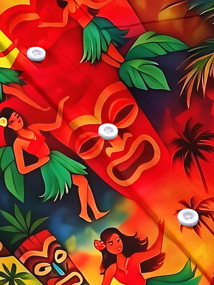 Hawaiian Coconut Trees Volcano Tiki Men's Pocket Short Sleeve Shirts