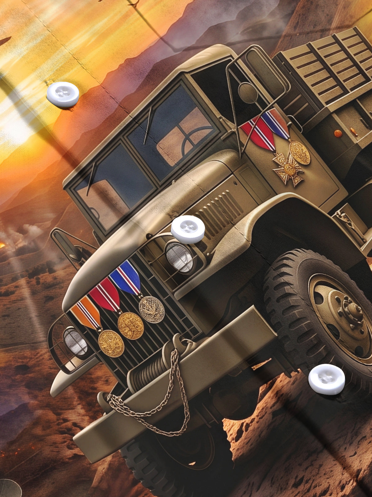The "Deuce and a Half" Oceanlyte Men's Long Sleeve Shirt - Military Truck And Battlefield Sunset Print with Chest Pocket