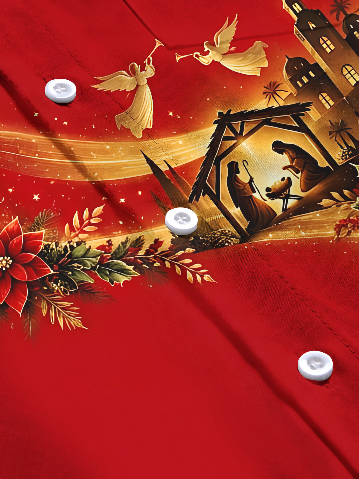 Oceanlyte Men's Nativity Scene With Poinsettias And Star Print Long Sleeve Shirt with Chest Pocket