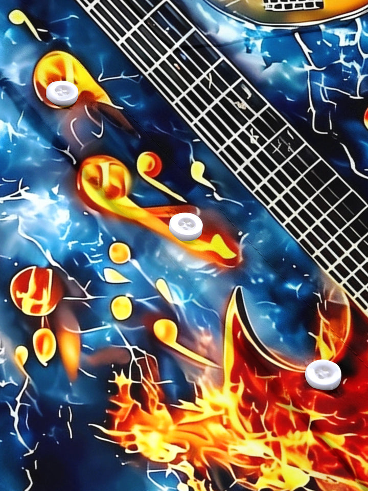 Oceanlyte Men's Hawaiian Electric Guitar Fire Print Short Sleeve Shirt with Chest Pocket