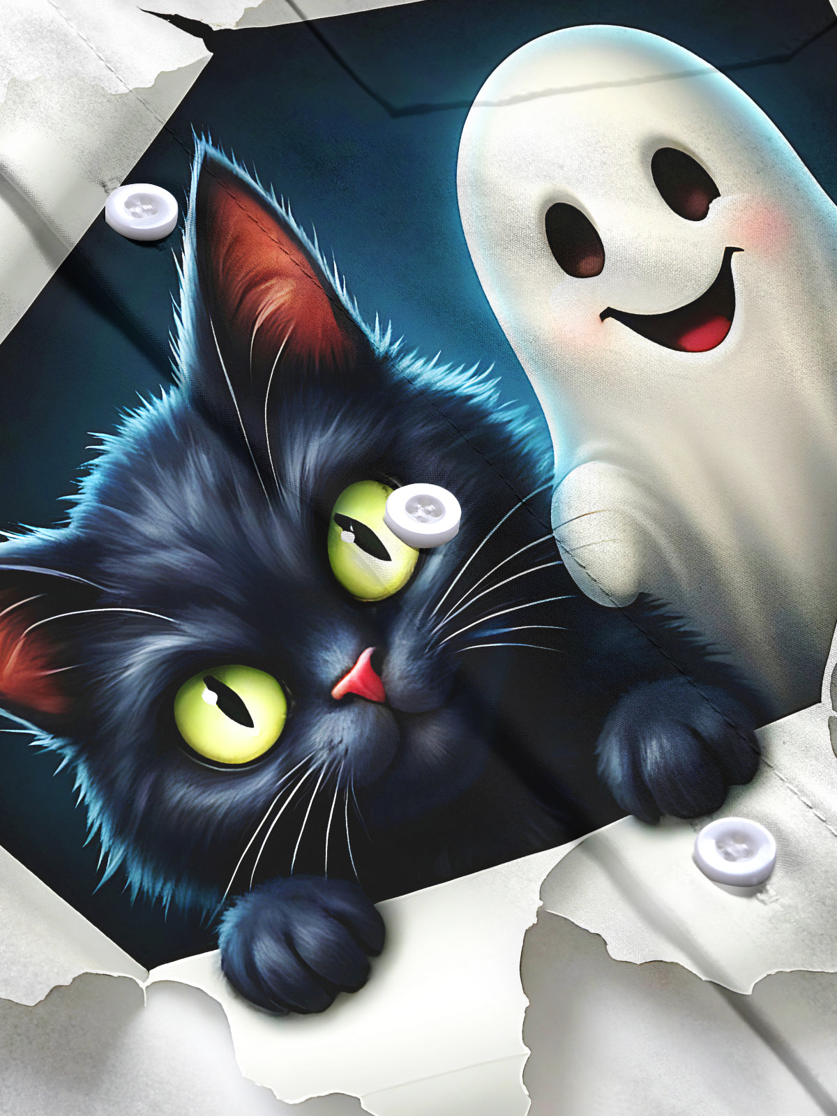 Oceanlyte Men's Graphic Halloween Black Cat And Ghost Print Long Sleeve Shirt with Chest Pocket
