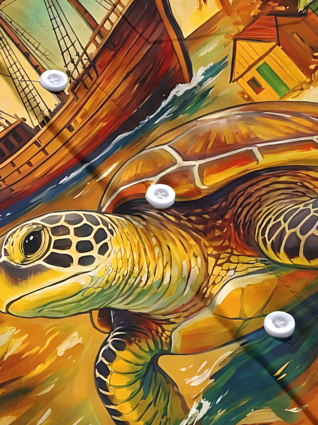 Oceanlyte Men's Hawaiian Sea Turtle And Sailing Ship Print Long Sleeve Shirt with Chest Pocket