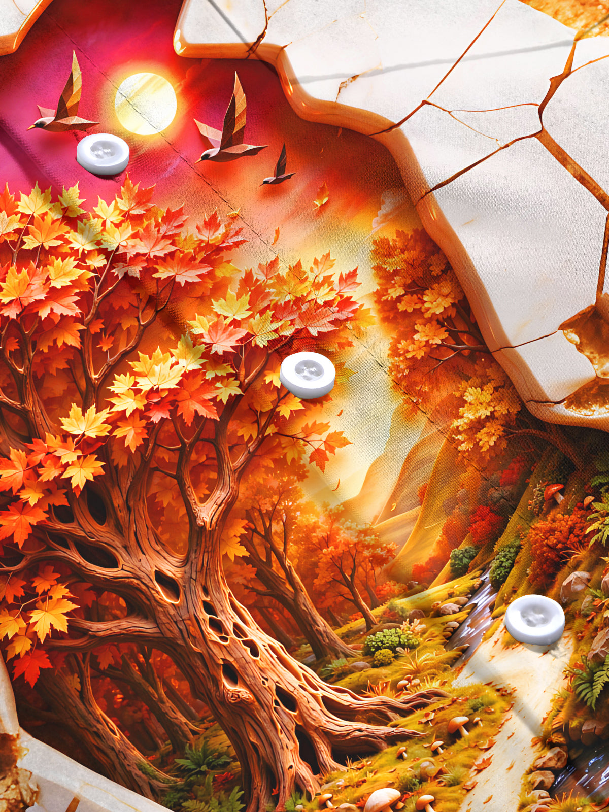 Oceanlyte Men's Long Sleeve Shirt - Autumn Forest Landscape With Cracked Marble Border Print with Chest Pocket