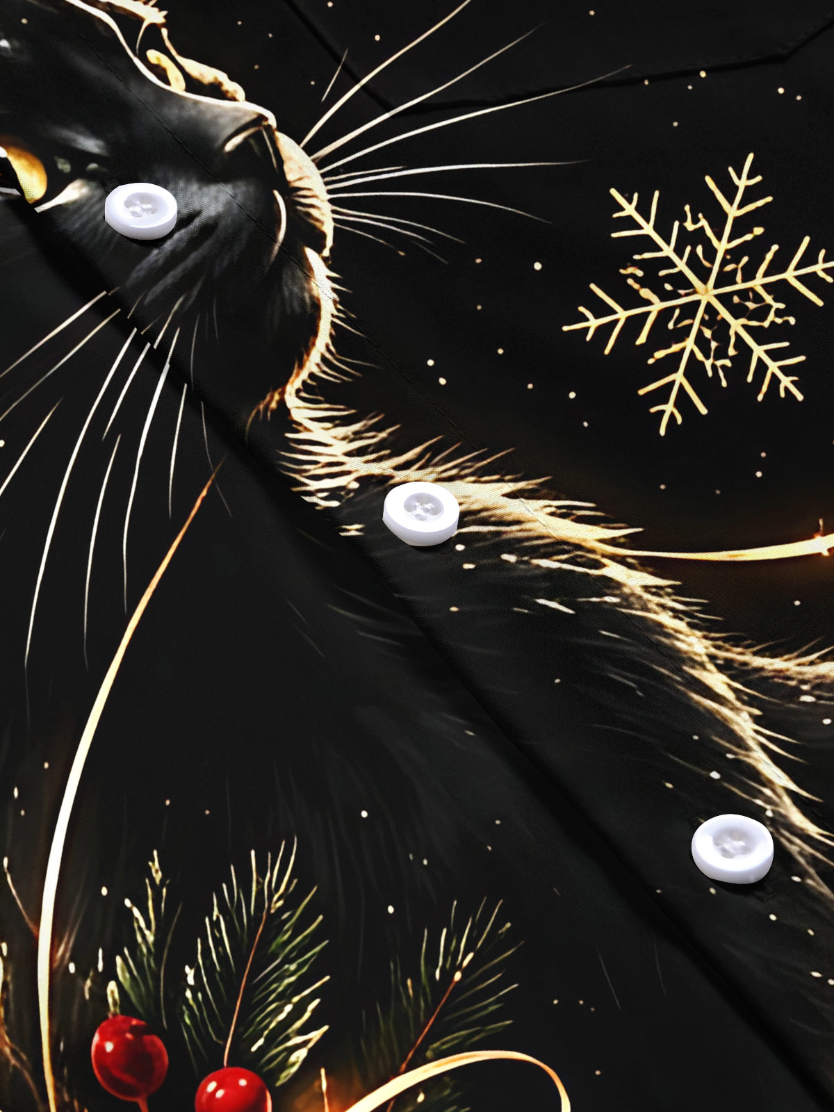 Oceanlyte Men's Short Sleeve Shirt - Black Cat Wearing Santa Hat With Holly And Pine Branches Print with Chest Pocket