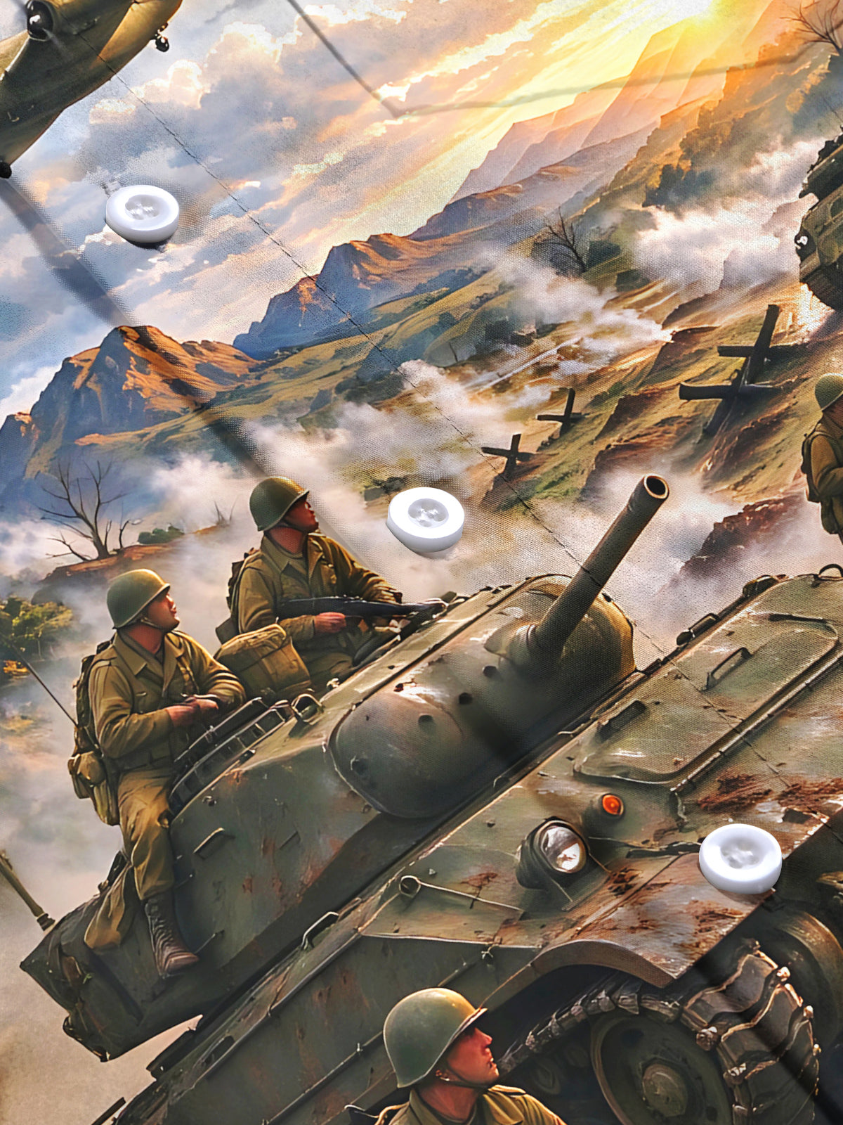 Oceanlyte Men's Long Sleeve Shirt - The "Normandy Breakout" World War II Battlefield Scene With Tanks And Soldiers Print with Chest Pocket