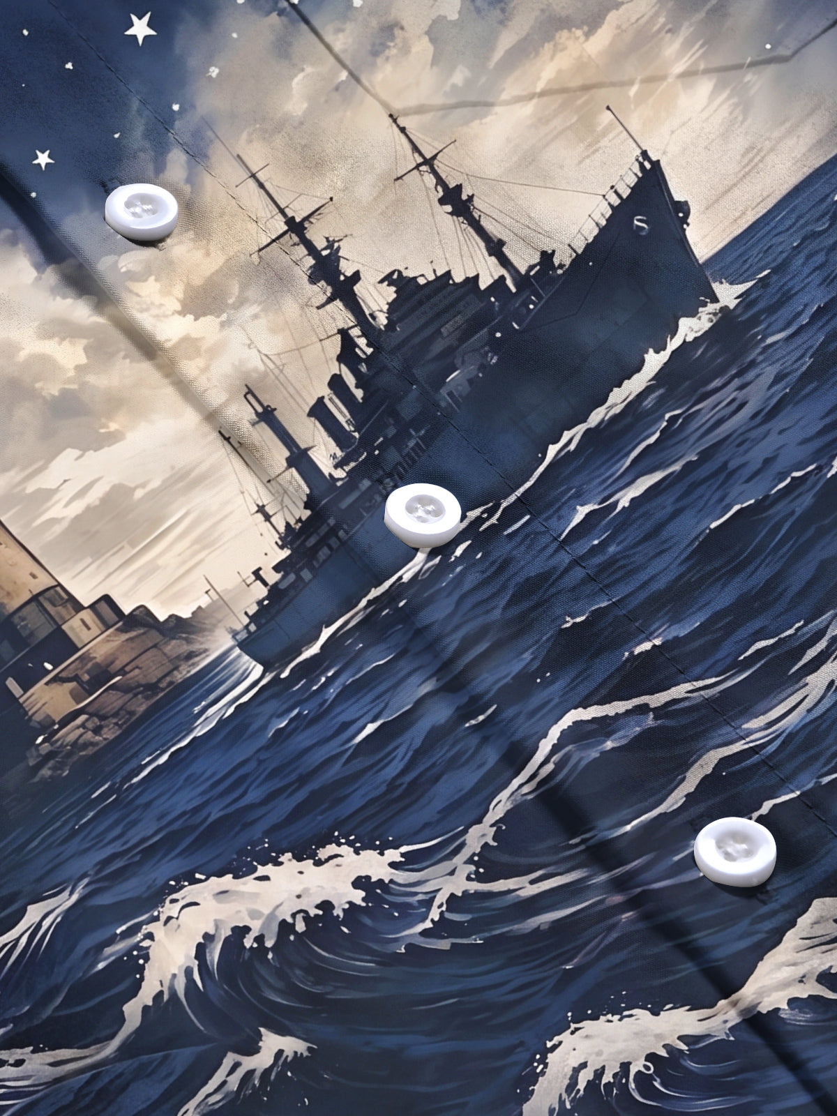 Oceanlyte Men's Long Sleeve Shirt - The "Atlantic Sentinel" Lighthouse And Battleship On Ocean Waves Print with Chest Pocket