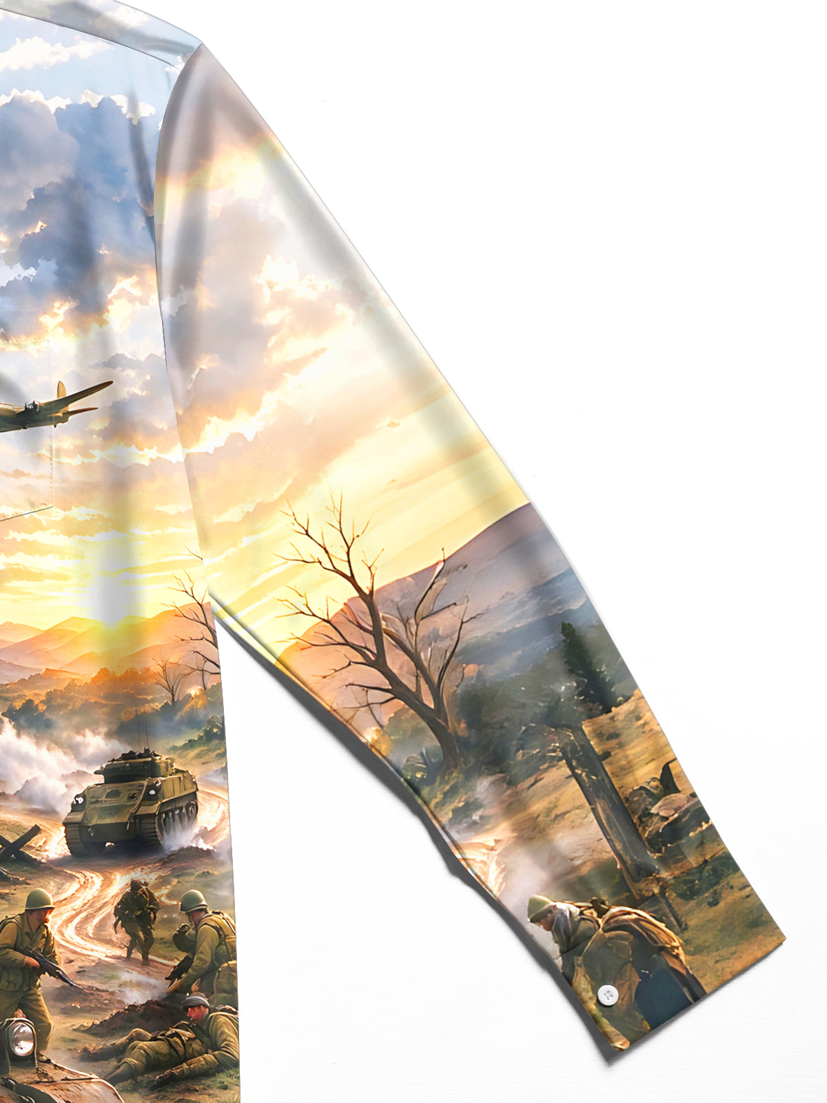 Oceanlyte Men's Long Sleeve Shirt - The "Normandy Breakout" World War II Battlefield Scene With Tanks And Soldiers Print with Chest Pocket
