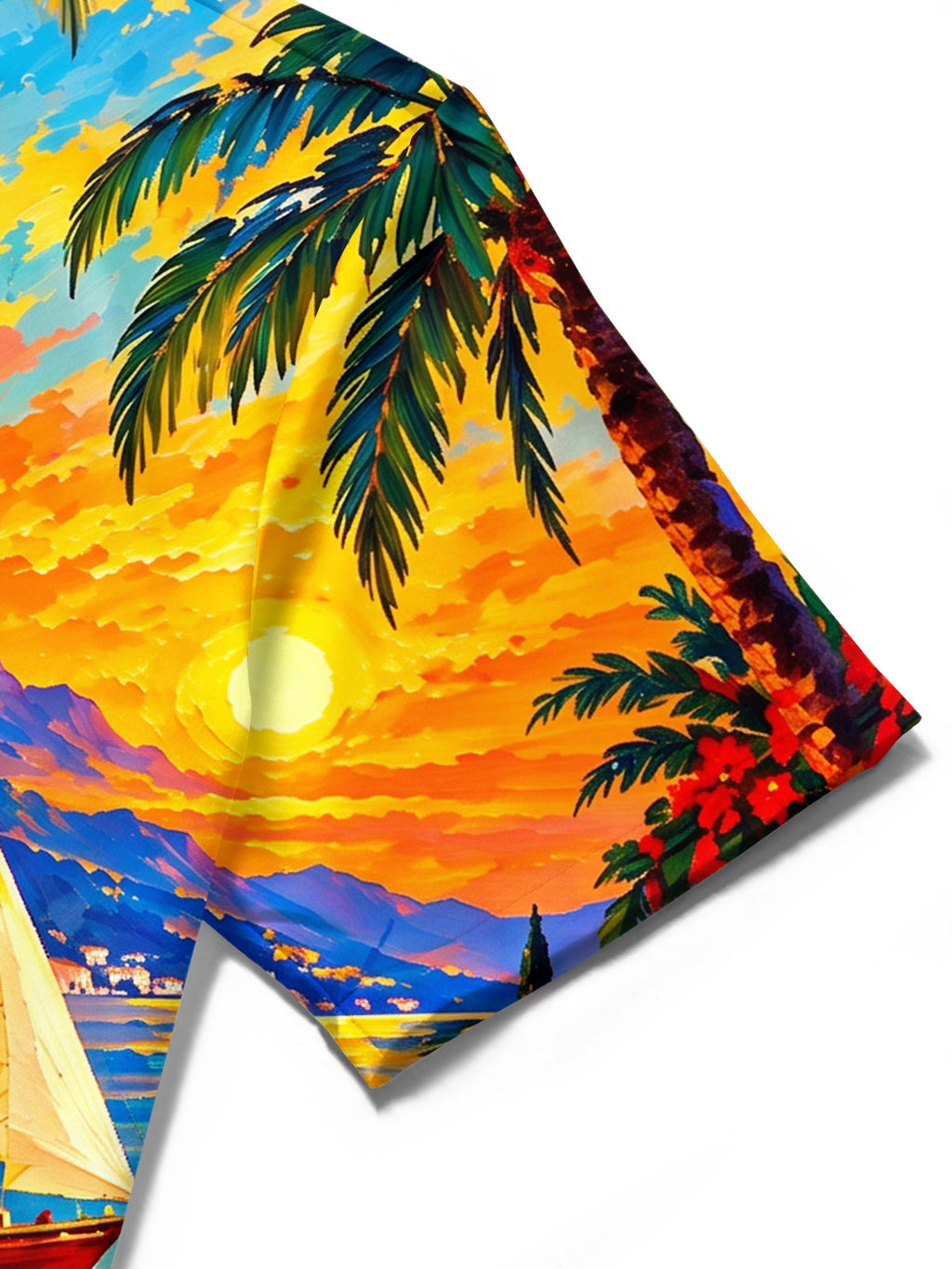Oceanlyte Men's Short Sleeve Shirt - Coastal Sunset Sailboat And Mediterranean Architecture Print with Chest Pocket