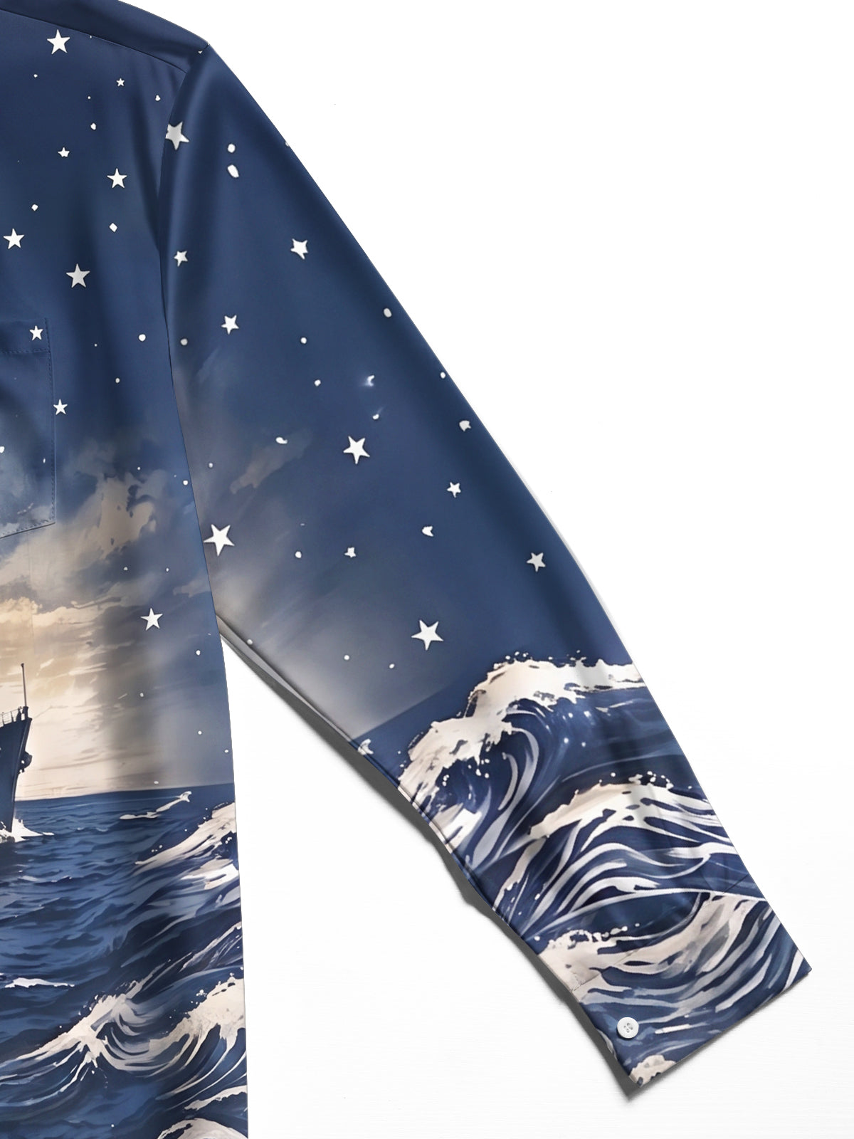 Oceanlyte Men's Long Sleeve Shirt - The "Atlantic Sentinel" Lighthouse And Battleship On Ocean Waves Print with Chest Pocket