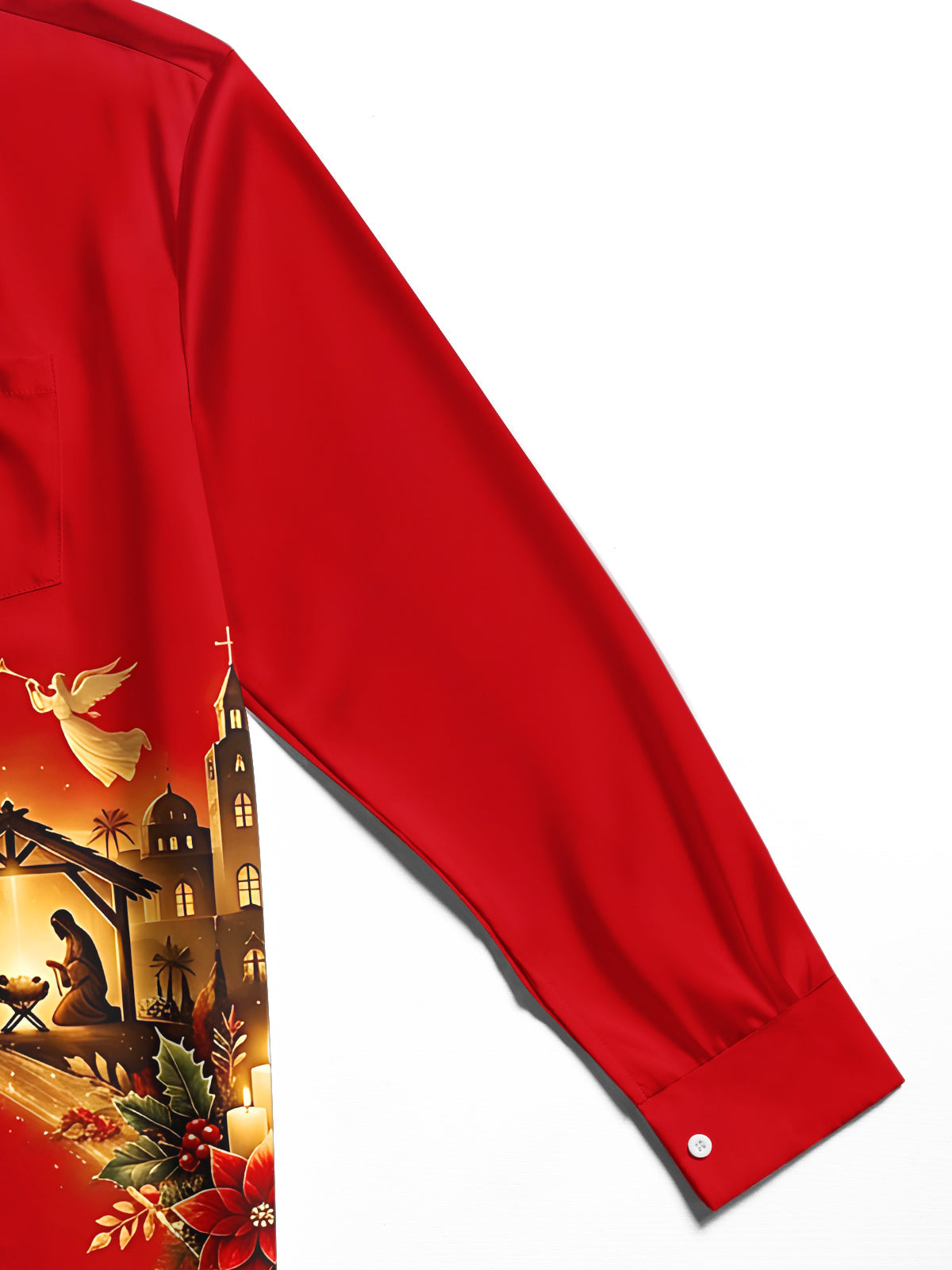 Oceanlyte Men's Nativity Scene With Poinsettias And Star Print Long Sleeve Shirt with Chest Pocket