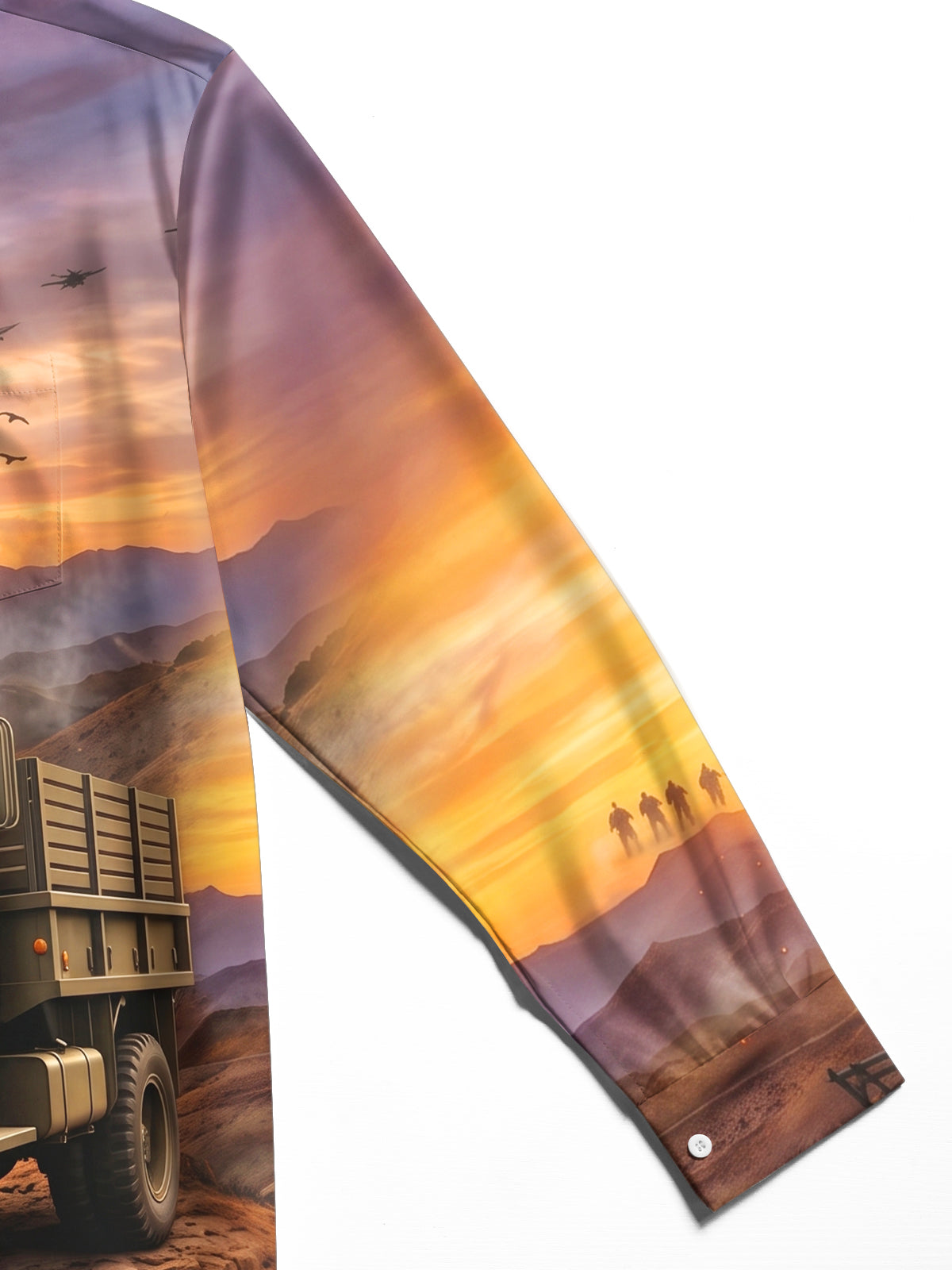 The "Deuce and a Half" Oceanlyte Men's Long Sleeve Shirt - Military Truck And Battlefield Sunset Print with Chest Pocket