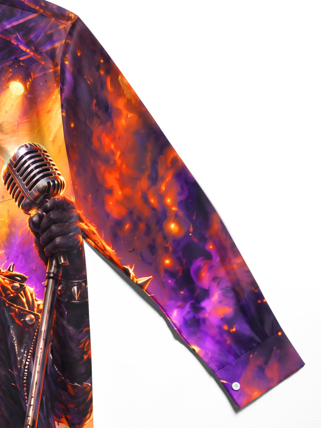 Oceanlyte Men's Long Sleeve Shirt - Rock Black Cat With Microphone And Leather Jacket Print with Chest Pocket