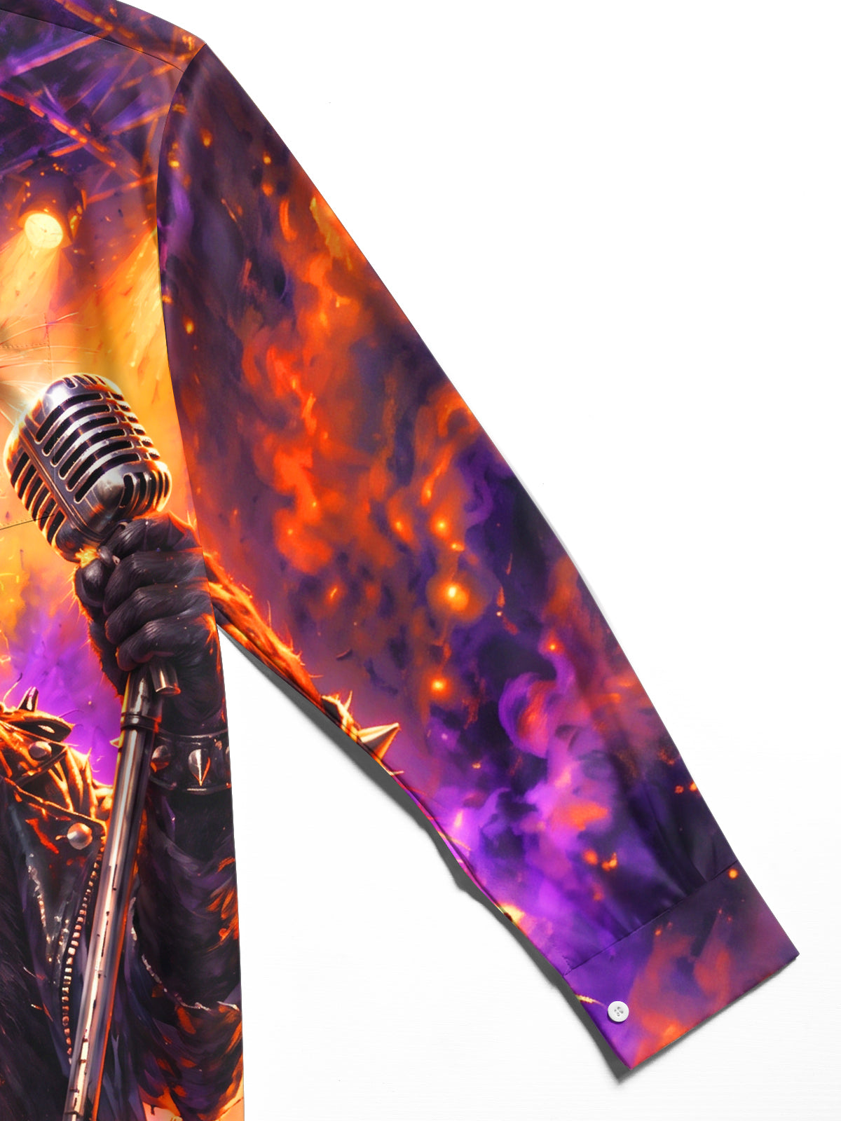 Oceanlyte Men's Long Sleeve Shirt - Rock Black Cat With Microphone And Leather Jacket Print with Chest Pocket