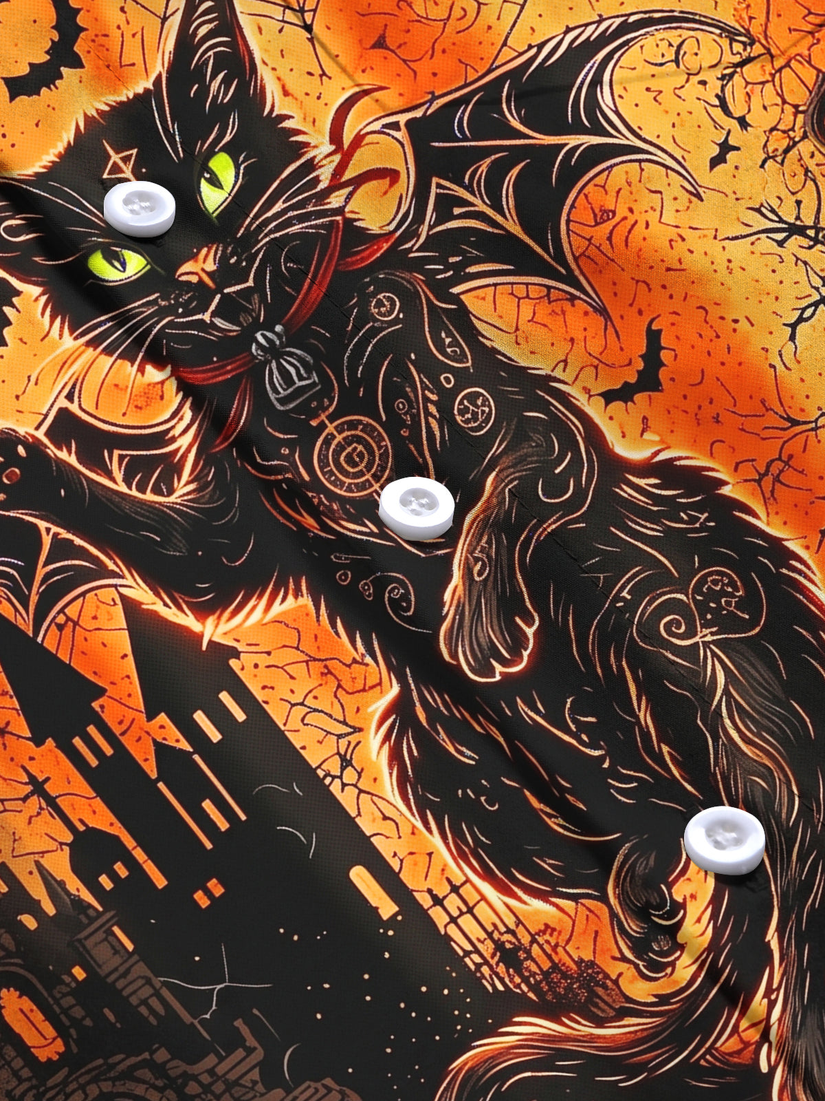 Oceanlyte Men's Halloween Black Cat With Bats And Castle Print Long Sleeve Shirt with Chest Pocket