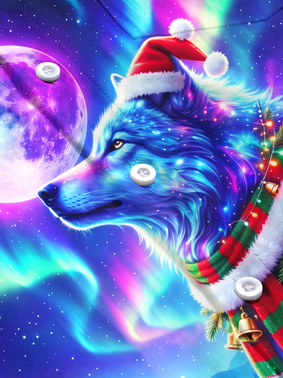 Oceanlyte Men's Wolf With Santa Hat And Christmas Scarf Print Long Sleeve Shirt with Chest Pocket